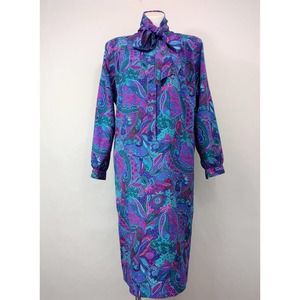 Vintage Schrader paisley floral pleated shoulder longsleeve midi dress